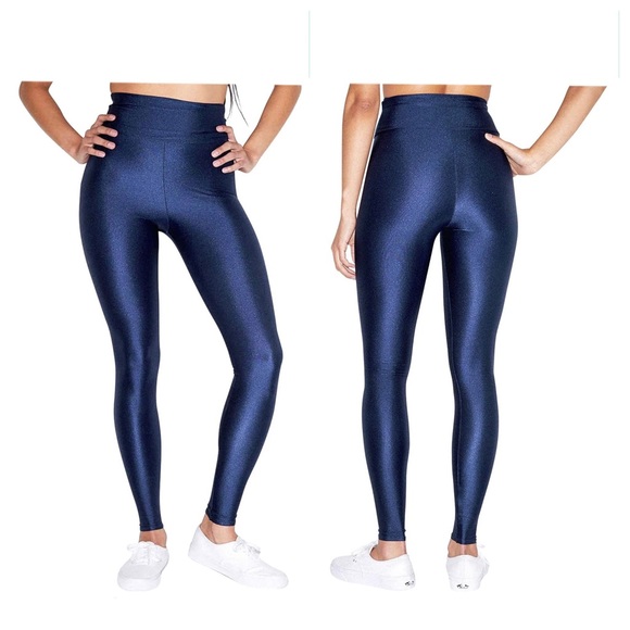 American Apparel Shinny Cobalt Blue Nylon Tricot High Waist Leggings - Picture 2 of 7